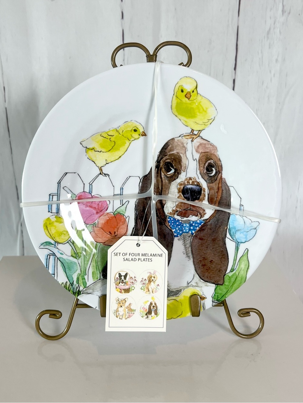 NEW Prima Design Watercolor Dog & Baby Chick Melamine Salad Plates - Set of 4